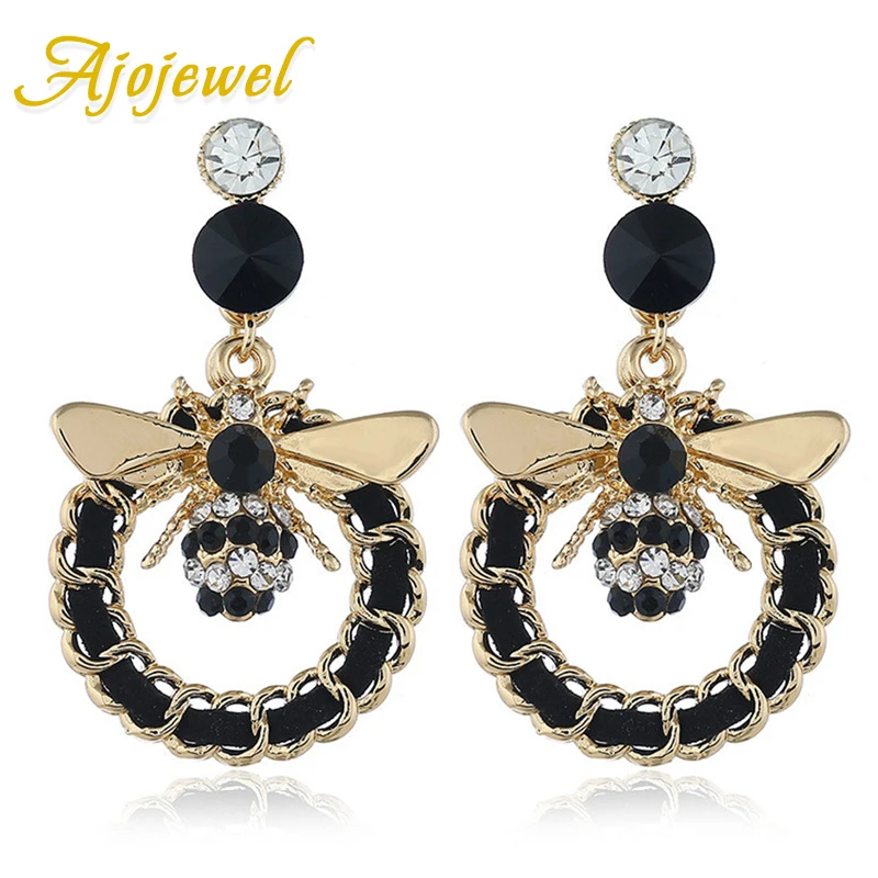 Ajojewel, черные, белые серьги со стразами в виде пчелы для женщин, серьги в виде животных, большие ушные капли, бижутерия - Окраска металла: Золотой цвет