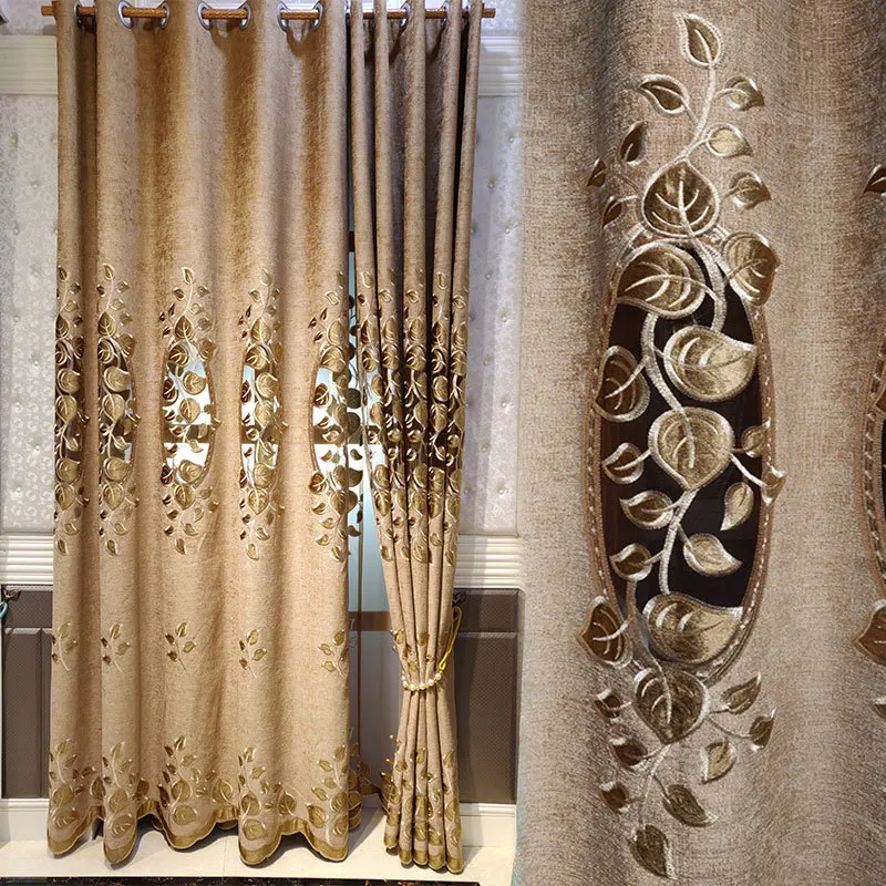 

Custom curtains High grade European hollow velvet yellow Chenille leaf Jacquard bedroom cloth blackout curtain tulle drape M769