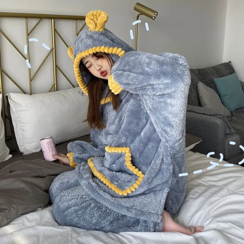 

2019 New Style Korean-style Pajamas Women's Autumn And Winter Large And Comfortable with Pocket Hooded Thick Plush Velvet Tracks