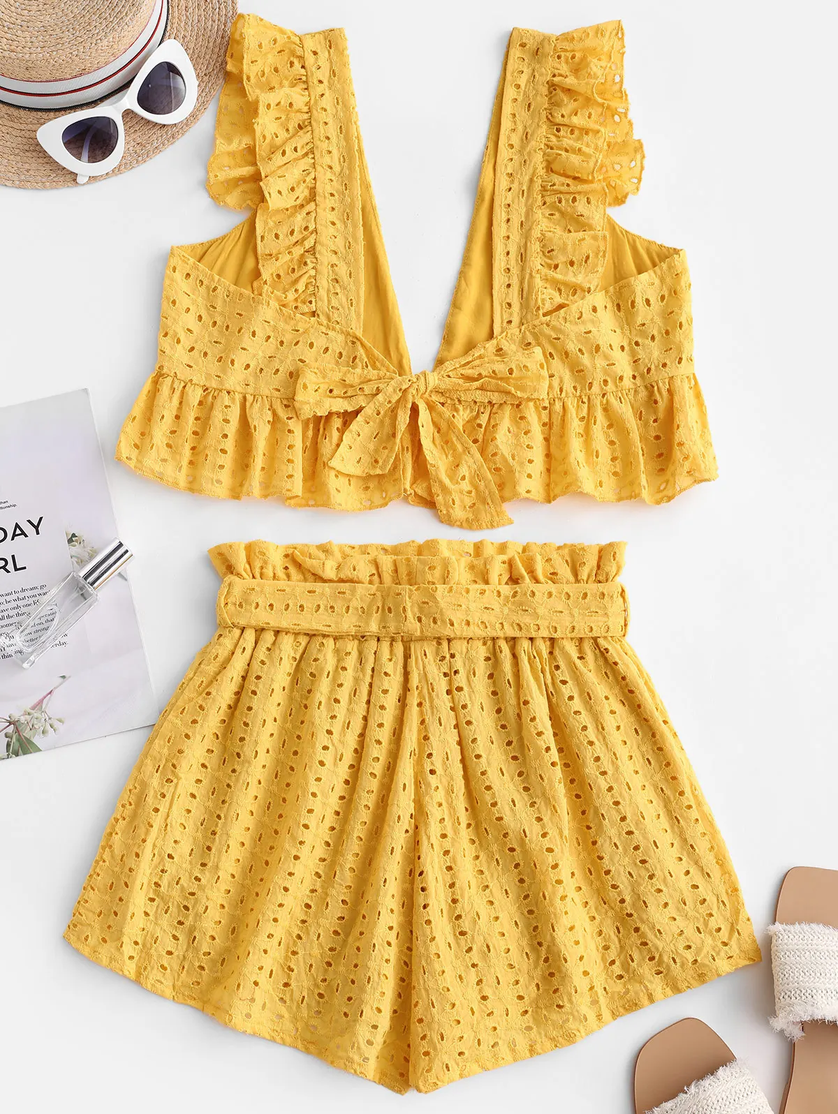 ZAFUL Eyelet Plunge Belted Wide Leg Shorts Set Sleeveless Women Solid Elastic High Waist Ruffles Belted Two Pieces Sets