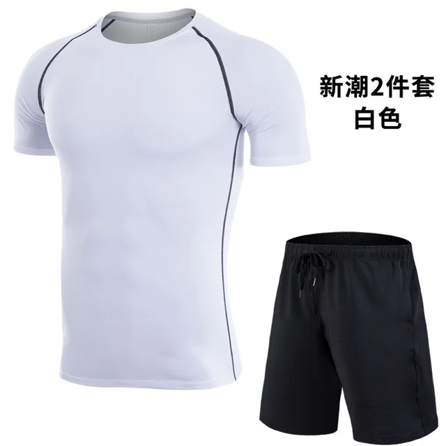 2 Pcs Shirt/Vest+Shorts Men Sport Suit Quick Dry Breathable Running Set Clothes Jogger Training Gym Fitness Sportswear Tracksuit - Цвет: 1974 white