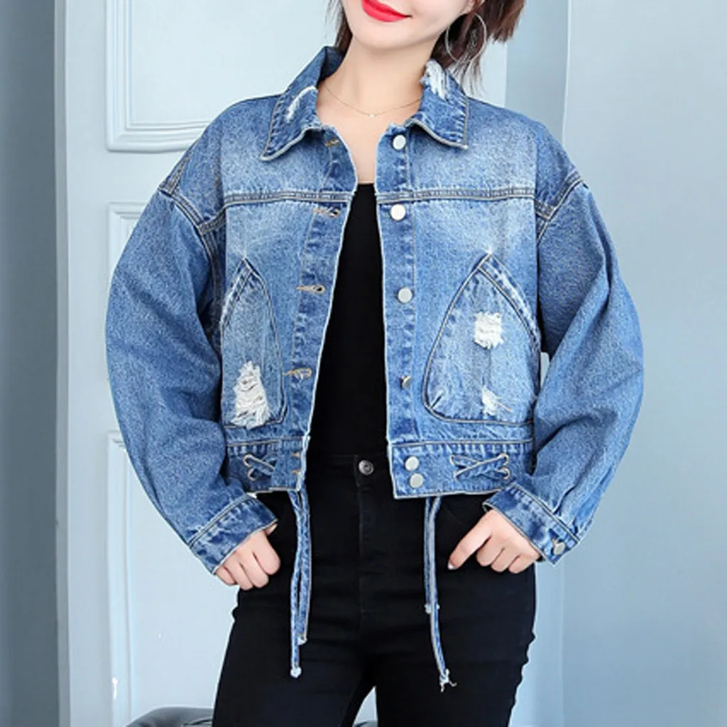 

Feitong Women Denim Jacket Light Blue Loose Jean Jackets Autumn Long Sleeve Denim Coat Retro Cowboy Casual Ripped Jacket Outwear
