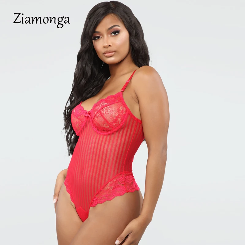 Ziamonga Strappy Striped Lace Bodysuit Sexy Backless Jumpsuit Female Body Mujer Mesh Sheer lace Teddy Push up Bodysuits