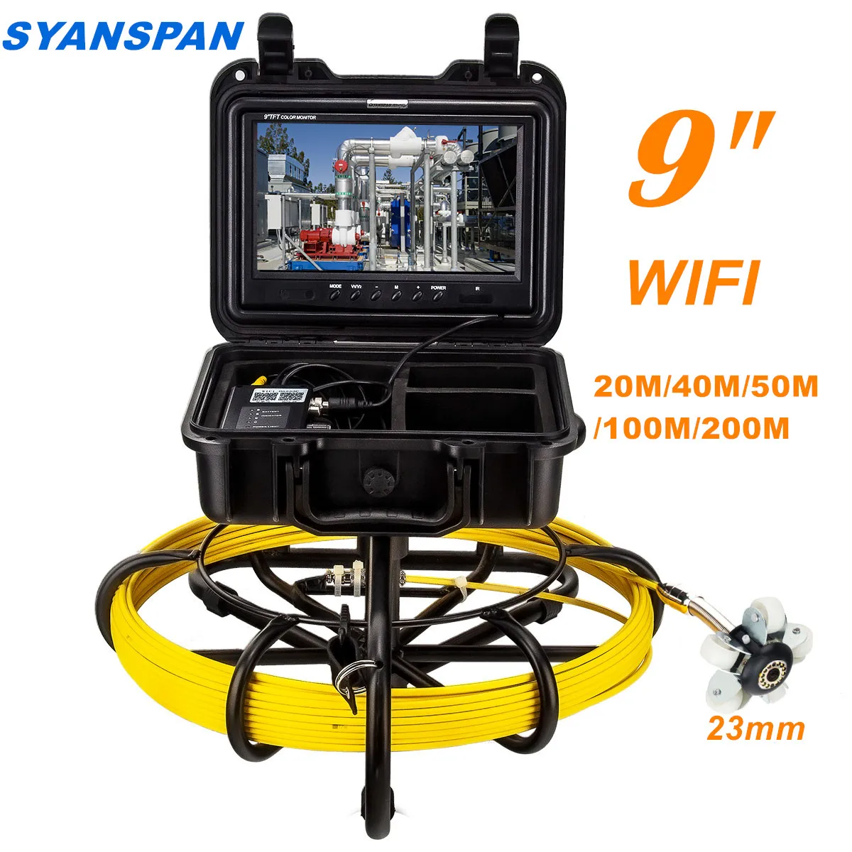 Pipe Inspection Video Camera 9 Inch Wireless WiFi , SYANSPAN 23MM Drain Sewer Pipeline Industrial Endoscope Support Android/IOS pipe inspection camera syanspan 7 inch monitor sewer industrial endoscope wireless wifi support android ios 20 50 100m