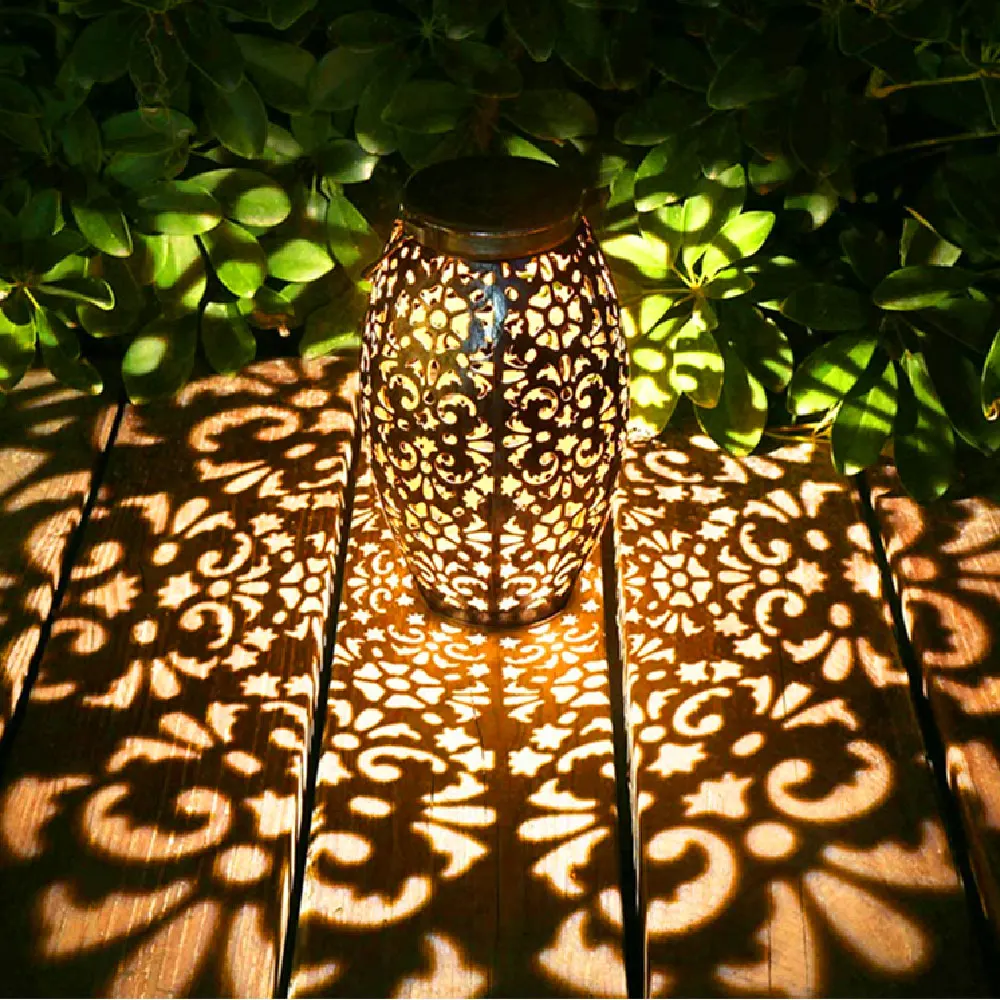 Retro Garden Solar Lamp Metal Hollow Projection Hanging Lantern Outdoor Lighting Waterproof Landscape Light
