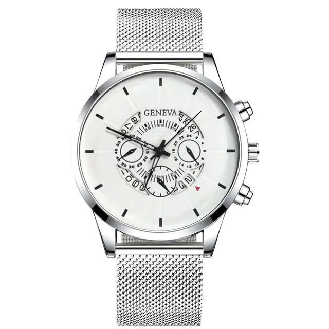 Silver White GENEVA, модные часы, мужские, спортивные, с сетчатым ремешком, кварцевые часы, Роскошные, с датой, с несколькими циферблатами, мужские наручные часы, мужские часы - Цвет: Silver White