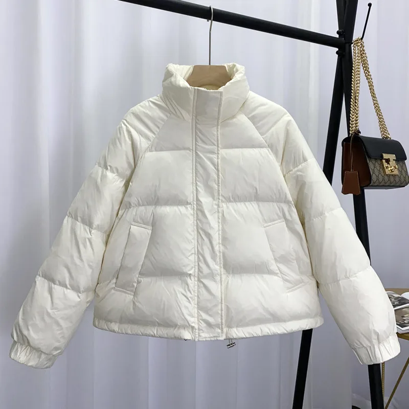 

White Duck Down Jacket Women 2021 Winter Korean Simple Long Sleeve Loose Thick Warm Casual Bread Clothes Female Outwear Doudoune
