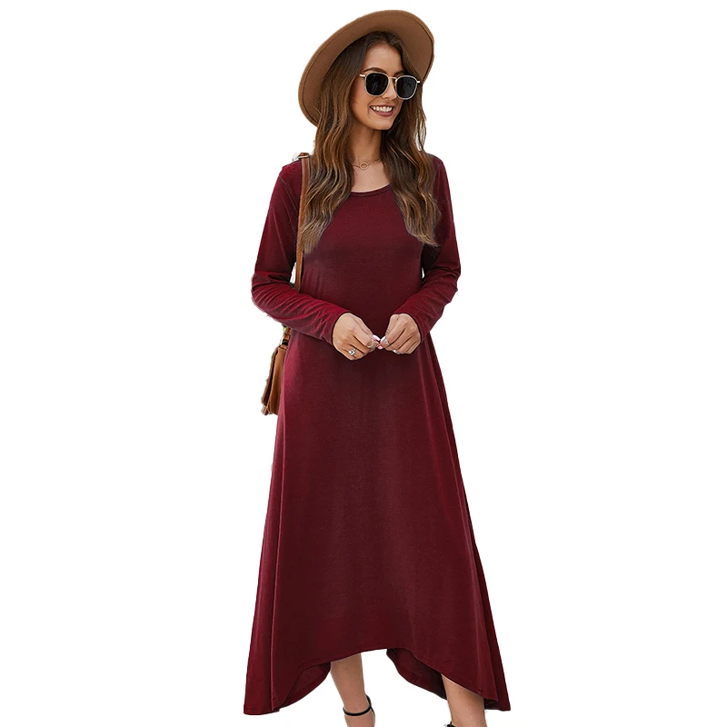 

Women Long Sleeve Dress Autumn O Neck a Line Irregular Maxi Dresses Elegant 2020 Casual Solid Color Loose Lady Clothes Vestidos