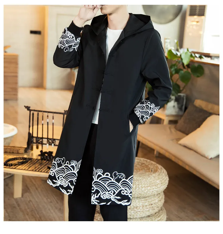 JDDTON, весеннее мужское хлопковое кимоно с принтом, свободный модный длинный кардиган, верхняя одежда, ВИНТАЖНЫЕ пальто, мужские повседневные пальто с капюшоном JE090