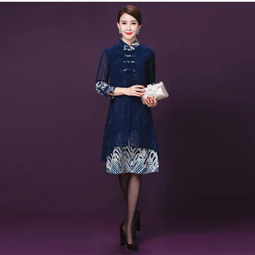 Синий Chinese New Year Women Fake Two Piece Cheongsam Dress Plus Size Retro National Style Slim Collar Buckle CNY Qipao Bride Dresses - Цвет: Синий