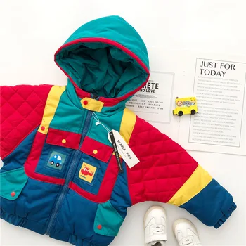 

Tonytaobaby Autumn and Winter New Boys and Girls Color Patchwork Car Clip Cotton Hooded Coat Cotton Coat