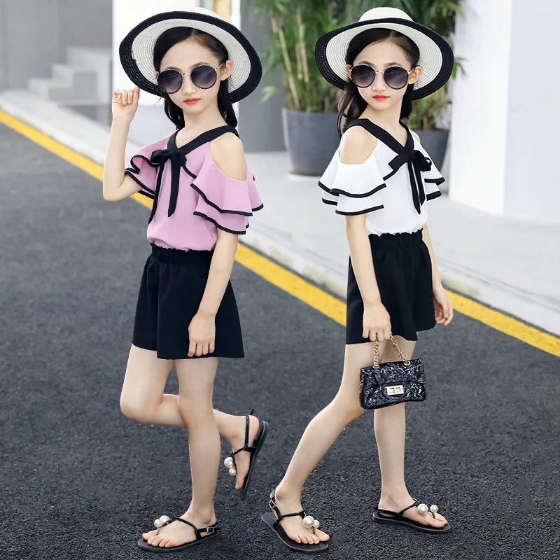 

2019 Summer Children Short Sleeve Shorts Set Girls Exposed Shoulder Chiffon Suspender Shorts Two-Piece Set-Boom-Piece