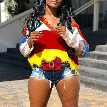 

Women Knitted Sweater Spring Autumn Bat Sleeve V-Neck Multi Colors Striped Ripped Loose Pullovers Plus Size Jumpers pul femme