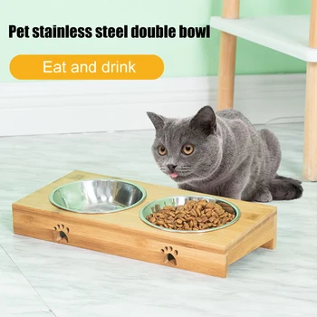 

Ceramic Bowl Wooden Table Pet Dog Cat Bamboo Wood Table in a Kitten Double Bowl Non-slip Small Dog Food Bowl UD88