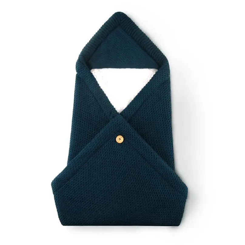 dark blue Baby plus velvet sleeping bag Swaddle Wrap Warm Crochet Knitted Thickened Hoodie Soft Swaddling Wrap stroller Blanket 80*80cm - Цвет: dark blue