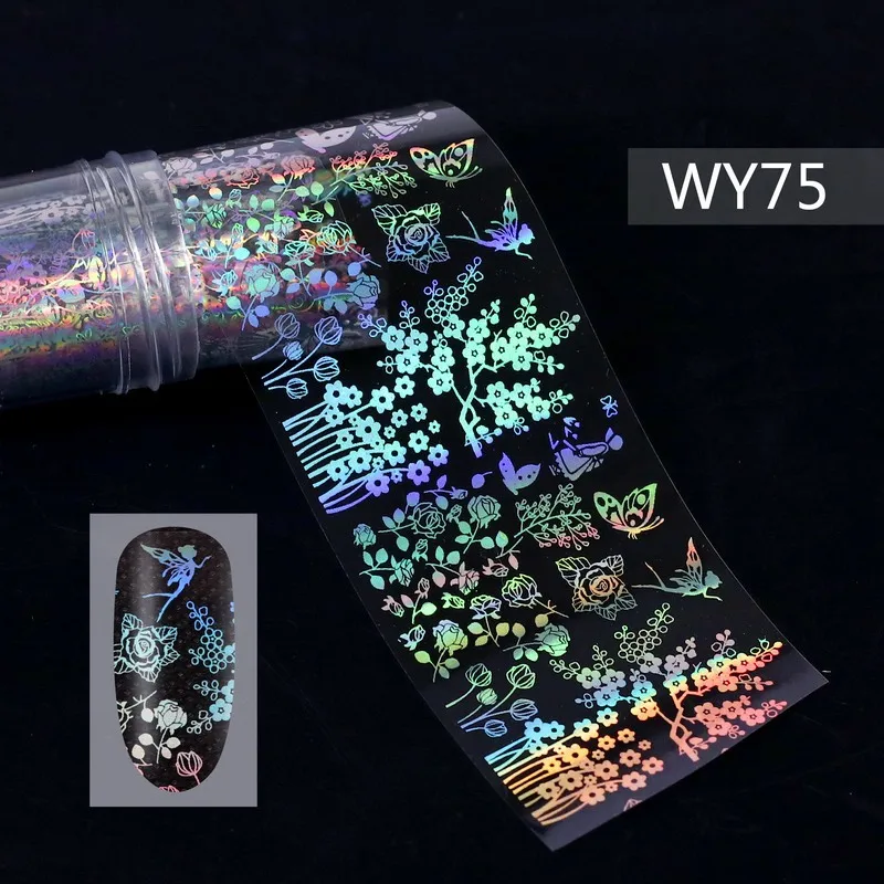 WY75 1 рулон Голографическая фольга для ногтей пламя Одуванчик буквы линии узоры наклейка s слайдеры 28 дизайн ногтей перевод рисунка наклейка - Цвет: WY75