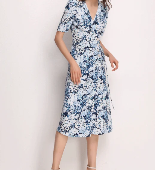 Women V-neck Floral Wrap Dress Summer Casual Tie Waist Short Sleeve Split Slim Dress