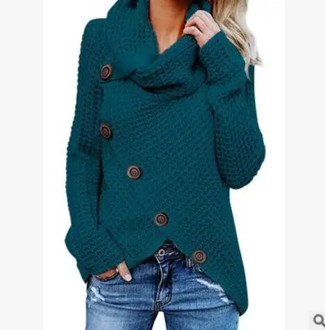 Peacock blue Осенне-зимний женский свитер пальто модный трикотаж пять пряжек Высокий воротник пуловер Однотонный женский свитер 10 цветов 8 ярдов - Цвет: Peacock blue
