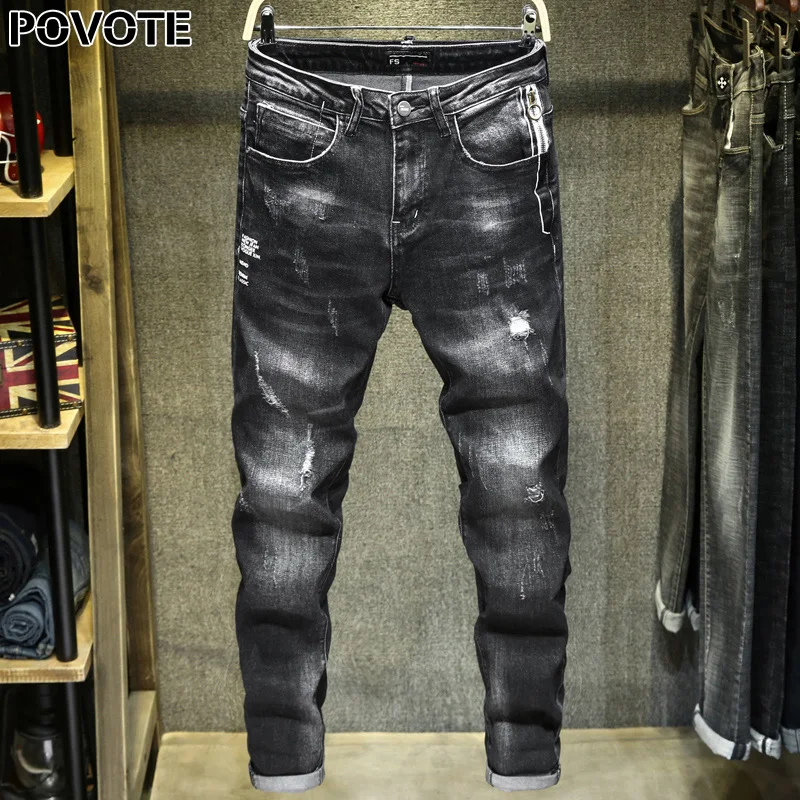 

POVOTE 2020 New men's black elastic jeans straight tube through hole jeans brand slim tight pants trend design