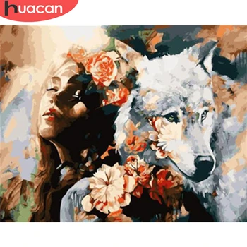 

HUACAN Coloring By Number Girl Animals Drawing Canvas Acrylic Oil Painting Wolf Wall Art Handpainted Gift Home Decor