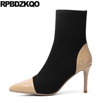 

knit luxury brand shoes women size 34 fashion pointed toe stiletto black 2019 slip on high heel ankle patent leather sock boots