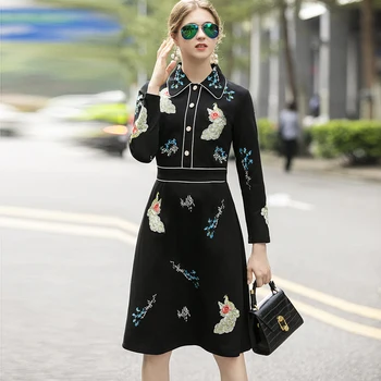 

Women's Runway Dresses Turn Down Collar Long Sleeves Embrodiery Elegant High Street Fashion Casual Dresses