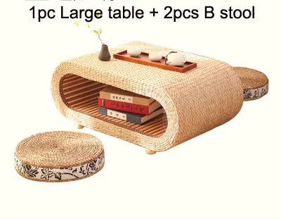 L table 2pcs B stool 1 шт стол+ 2 шт табурет пасторальный стиль овальной формы соломенный Плетеный чайный столик японский антикварный журнальный столик маленький чайный столик - Цвет: L table 2pcs B stool