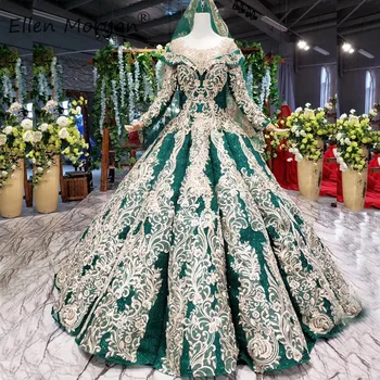 

Muslim Vintage Dark Green Lace Puffy Wedding Dresses Arabic Long Sleeve Boat Neck Floor Length Glitter Bridal Ball Gowns 2019