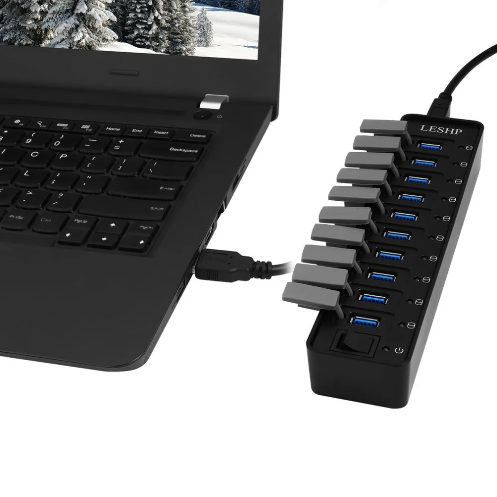 10 портов USB 3,0 концентратор Высокоскоростной 5 Гбит/с USB 3,0 концентратор данных сплиттер со светодиодами и переключателем внешний адаптер питания для ПК ноутбука
