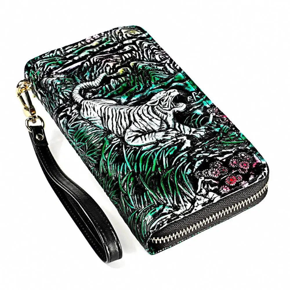 Men's Dragon Genuine Leather Wallet 3D Crocodile Tiger Cowhide Long Wallet with Phone Pocket Fashion Vintage Zipper Long Purse - Цвет: White Tiger