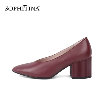 

SOPHITINA Concise Style Spring &autumn Pumps Woman Solid Genuine Leather Shallow Pointed Toe High Square Heel Dress Shoes PC854
