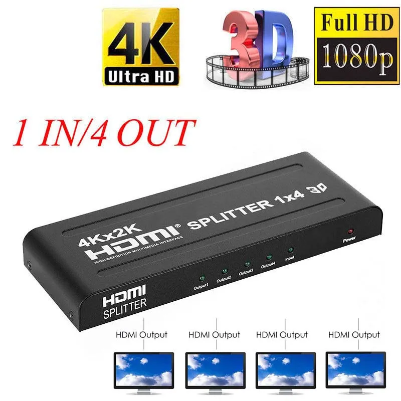 

4Kx2K HD 1080P 4K 30Hz 1X4 HDMI Splitter 1x2 Converter Distributor 3D 1 In 4 Out 2 Output for PS3 PS4 XBOX PC DVD To TV HDTV