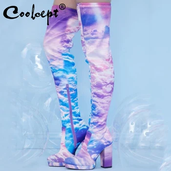 

Coolcept Size 35-43 Women Over Knee Boots Fashion Platform Print High Heel Winter Shoes Woman Warm Stretch Boot Daily Footwear
