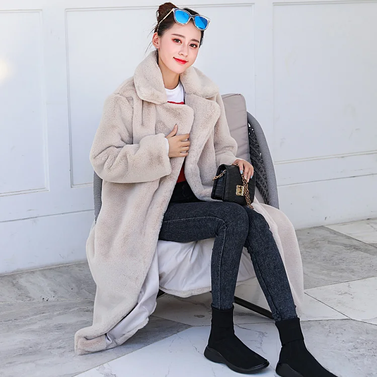 Winter Faux Fur Coat Women Rabbit Fur X-Long Fur Coat Turn down Collar Loose Warm Casual Overcoat