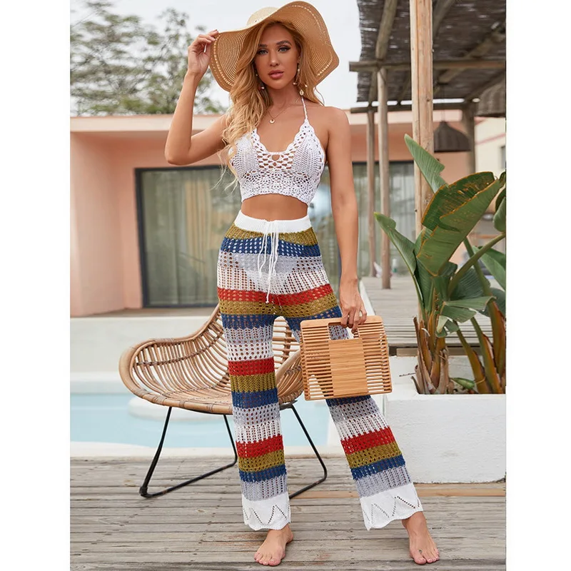 

H80&S90 New Women Beachwear Knitted Hollow Out Pants Female See Through Hand Crochet Stright Sexy Swimwear Trousers