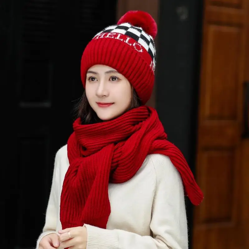 Зимний женский комплект с шарфом и шапкой, зимняя теплая вязаная шапочка с помпоном дамская шляпа без полей, комплект с шарфом, шапка и шарф, зимний комплект