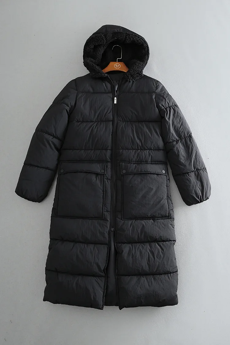 

R4001 Simple-Style Korean Series Mid-length Lambs Wool Hooded Large Pocket Solid Color Cotton Coat