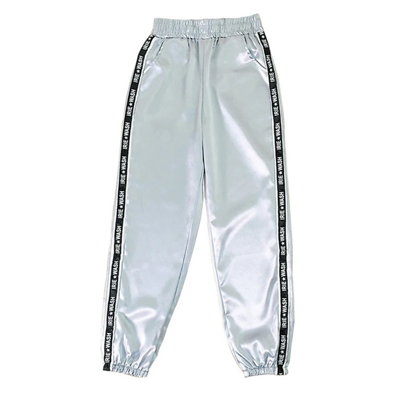 A gray Big Pocket Satin Highlight Harem Pants Women Glossy Sport Ribbon Trousers BF Harajuku Joggers Women's Sports Pants - Color: A gray