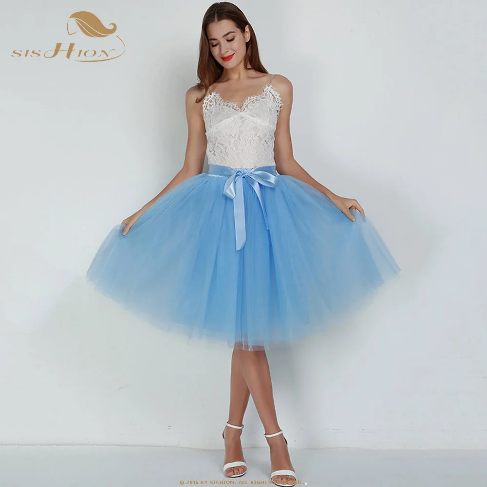 Lake blue SISHION 7 слоев Модная Тюлевая юбка плиссированные юбки-пачки QY0342 Женская Нижняя юбка подружки невесты винтажная юбка миди - Цвет: Lake blue