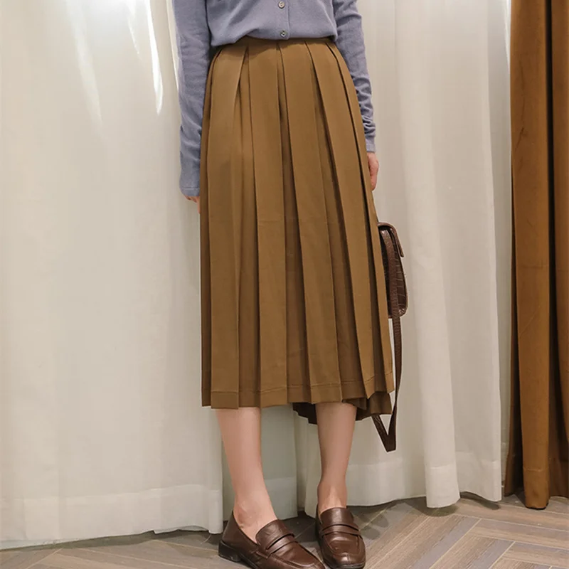 Khaki REALEFT Модные женские цвета хаки гофрированные длинные юбки с высокой талией ампир Harajuku тюль до середины икры юбки для женщин s Новое поступление - Цвет: Khaki