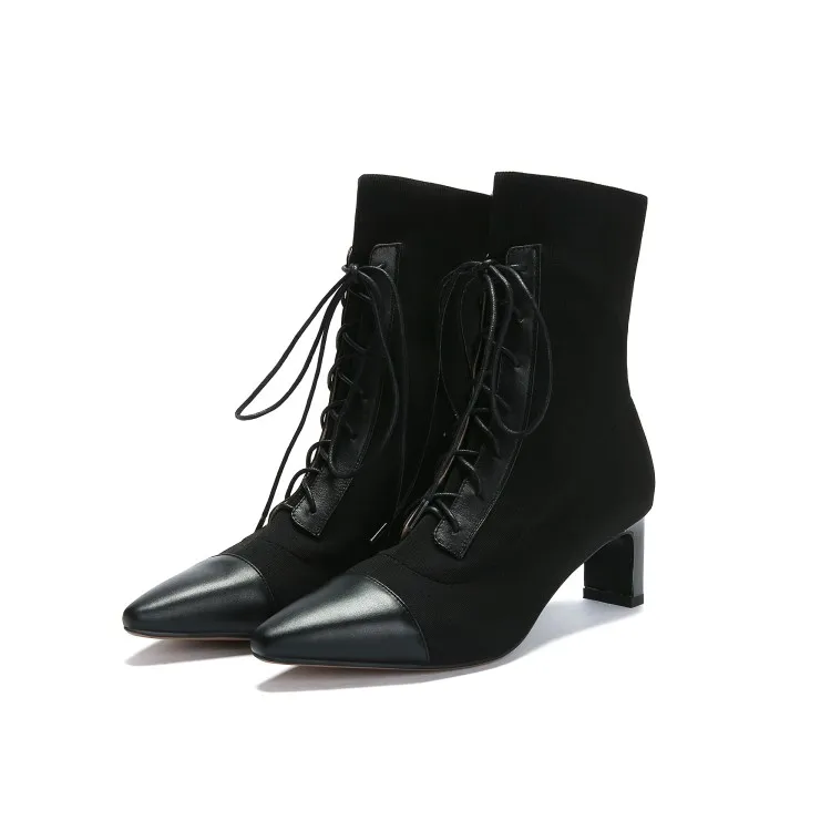 MLJUESE/ г. Женские ботильоны из коровьей кожи, с острым носком, на шнуровке, зимние короткие плюшевые женские ботинки на высоком каблуке размер 34-40 - Цвет: black