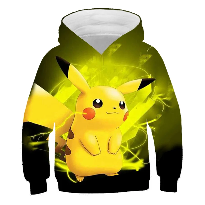 Boys Pikachu Hoodies Autumn 3D Print Cartoon Pokemon Sweatshirt Kids Funny Harajuku Fashion Tops Boys Girls Super Cool Pullover hoodie black kid