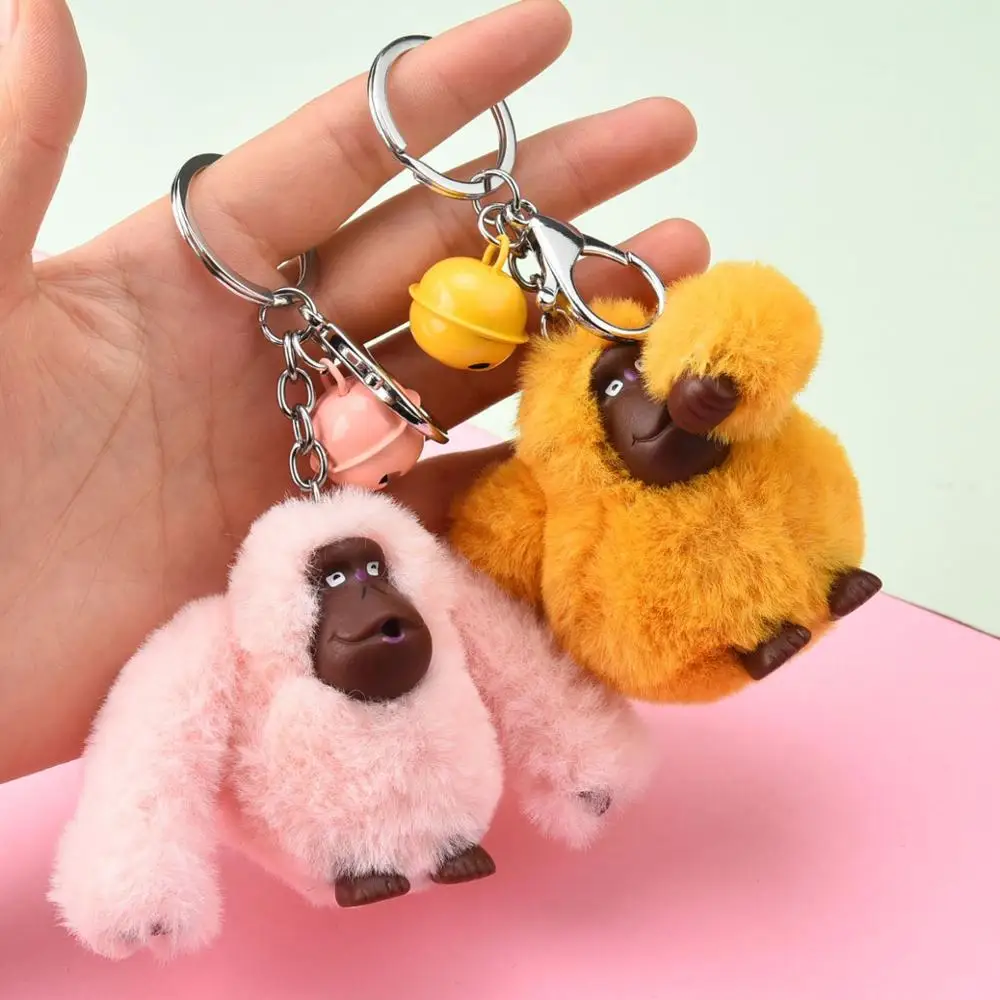 Fluffy Pompom Gorilla Keychain Cute Plush Doll Animal Key Chain Faux Fur Pom Pom Car Key Ring Trinket Bag Charms Pendant Jewelry