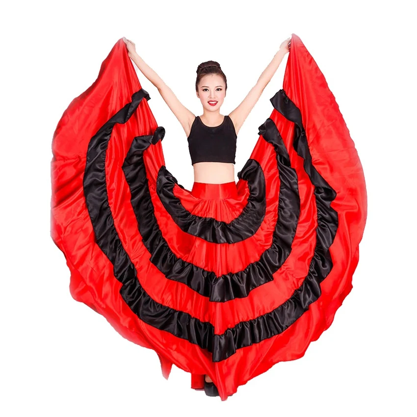 Women Flamenco Skirt Polyester Satin Carnival Party Ballroom Belly Dance Costumes Dress