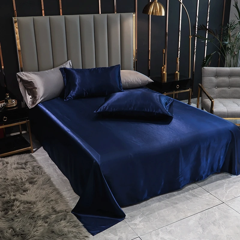 1pc Bed Linen Satin Blue Solid Color Smooth Queen Size Flat Bed Sheet King Top Sheet for Beds(pillowcase need order)