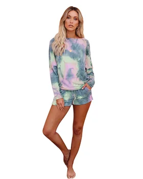 

WEPBEL Women 2pc Clothes Set Tie Dye Printing Gradient Home Wear Short-Sleeved T Shirt + Shorts Suit Two-Piece Clothing Set