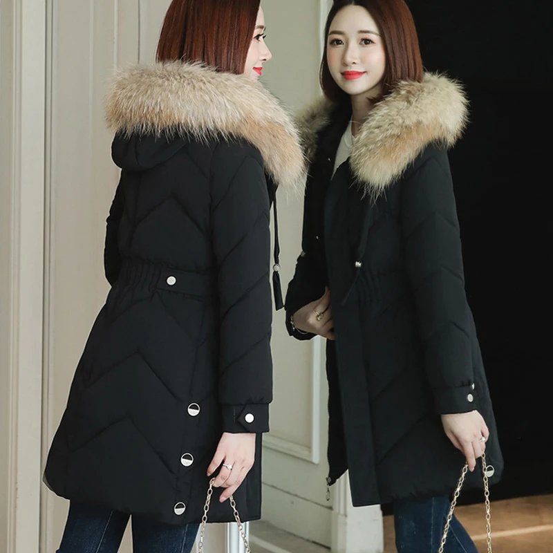 Lucyever New Winter Jacket Women Plus Size Thicken Fur Collar Long Parkas Woman Wild Hooded Parka Warm Cotton Coat Female