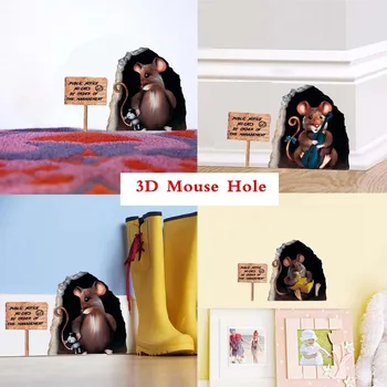 

3D Funny Mouse Hole Wall Stickers Creative Public Notice No Cats cartoon Decals For Kids Rooms Door Decoration Home Wallpaper