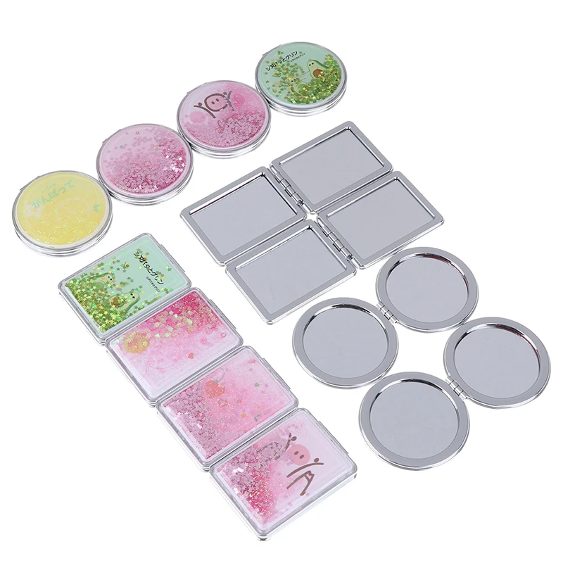 Rectangle/Round Cosmetic Mirror Mini Compact Pocket Portable Double-Sided Folding Mirror Creative Quicksand Makeup Mirror