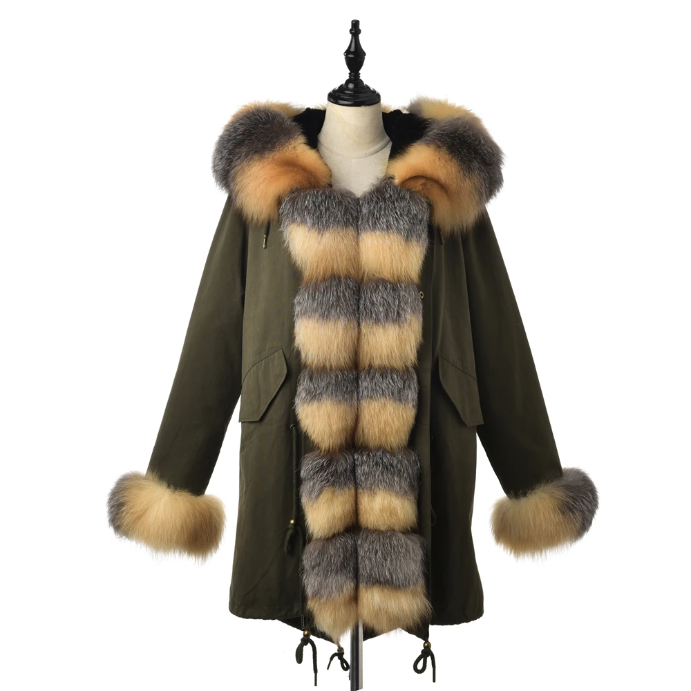 Tatiana Furclub модное пальто из натурального меха женская черная парка шуба из меха лисы с капюшоном регулируемая подкладка из кролика Рекс парка - Цвет: FP066